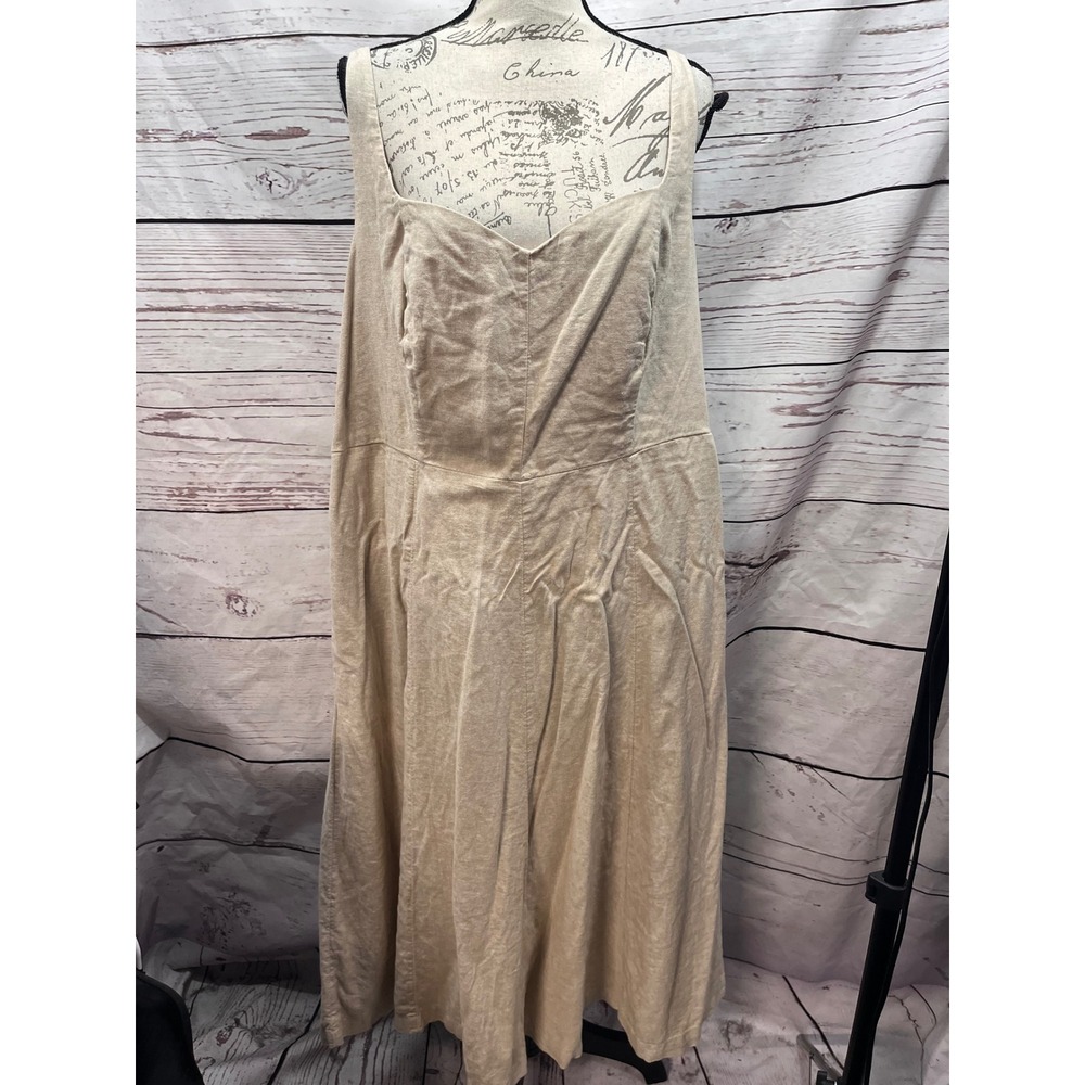 Old Navy Women 2X Oatmeal Linen Blend Smocked Back Midi Dress 464452-00-1
